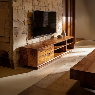 Linear Solid Wood TV Console With Open Shelf Storage