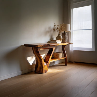 Live Edge Console Table with Sculptural Triangle Base and Shelf