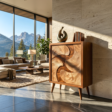 Geometric Relief Wood Cabinet with Double Door Storage