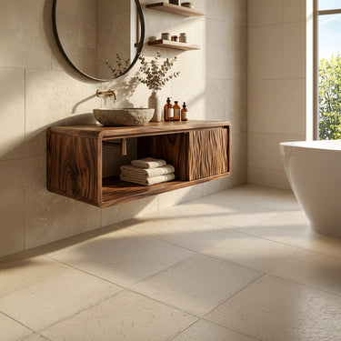 Fluted Panel Solid Wood Floating Vanity with Open Storage