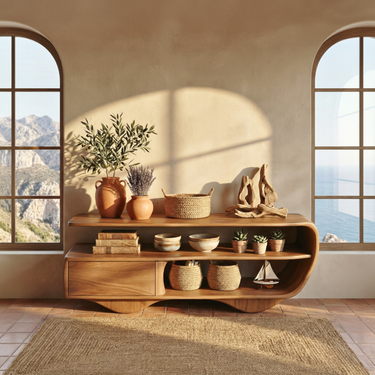 Curved Open Shelf Sideboard with Sliding Door Storage