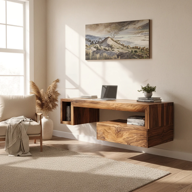 Solid Wood Floating Desk with Integrated Drawer and Open Storage