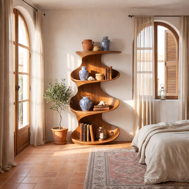 Sculpted Curve Solid Wood Bookshelf With Flowing Tiered Shelves