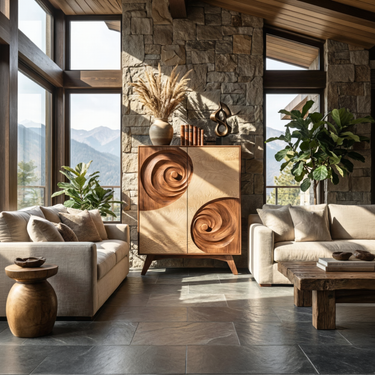 Spiral Relief Wood Cabinet with Double Door Storage