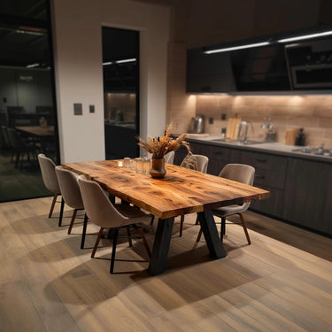 Live Edge Wood Dining Table with Sculptural Base Design