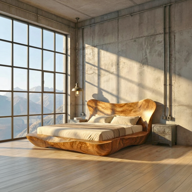 Sculptural Platform Bed With Winged Wood Headboard