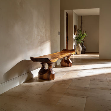 Live Edge Sculptural Bench with Carved Pedestal Base