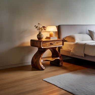 Solid Wood Nightstand Organic Sculptural Curved Base