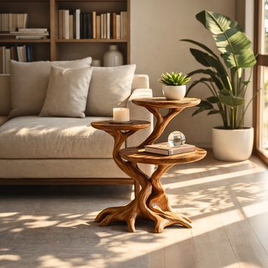 Compact Tree Form Side Table with Multi Level Display Shelves