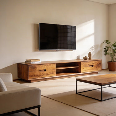 Minimalist Media Console With Dual Drawers And Open Shelf