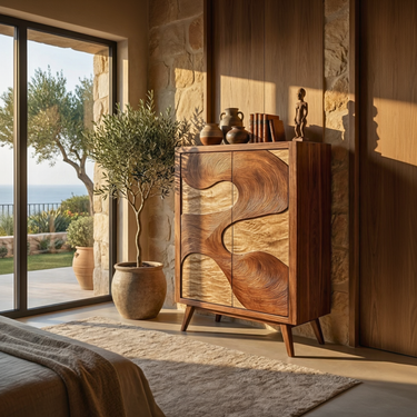 Flow Curve Relief Wood Cabinet with Double Door Storage