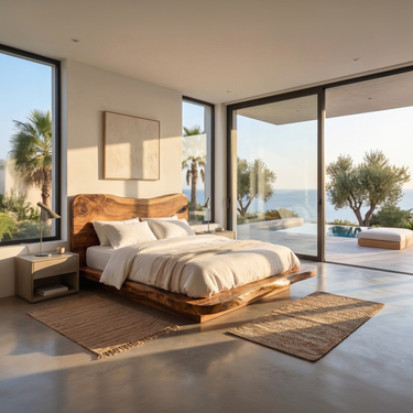 Modern Platform Bed With Live Edge Wood Headboard
