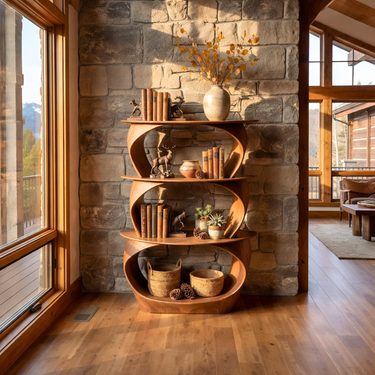Rounded Solid Wood Bookshelf With Sculpted Open Frame Design
