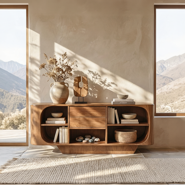 Rounded Edge Wood Sideboard with Open Shelves and Center Drawer Storage