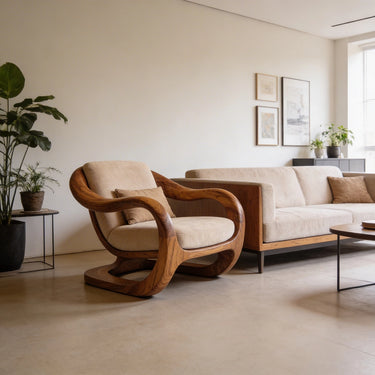 Sculptural Curved Arm Lounge Chair with Organic Wood Frame