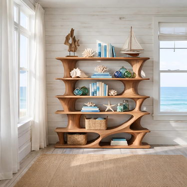 Coastal Solid Wood Bookshelf With Sculpted Tiered Frame