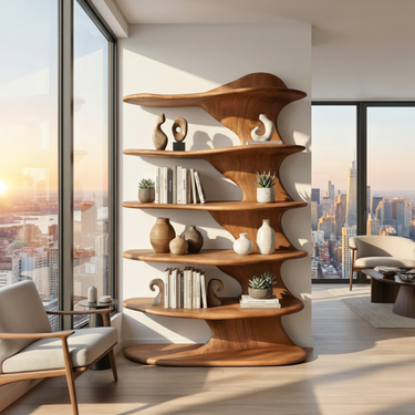 Modern Solid Wood Bookshelf With Layered Sculptural Shelves