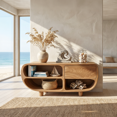 Curved Wood Sideboard with Open Shelves and Single Drawer Storage