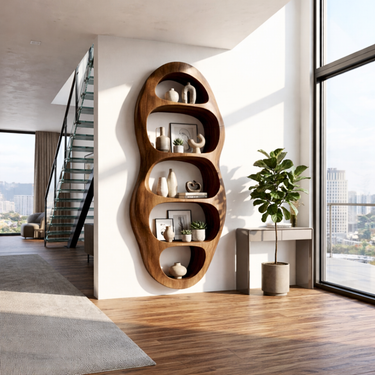 Wall Mounted Solid Wood Bookshelf With Organic Sculpted Niches