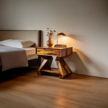 Solid Wood Nightstand Bold Angular Sculptural Base