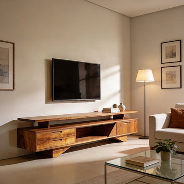 Asymmetrical Platform TV Console With Open Center Shelf