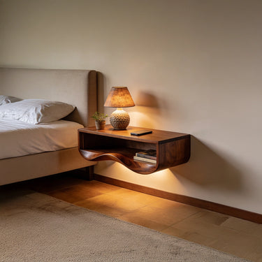 Floating Solid Wood Nightstand Curved Open Shelf Design