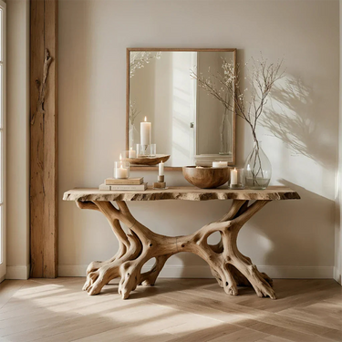 Natural Root Base Console Table Handcrafted Solid Wood Sculptural Table