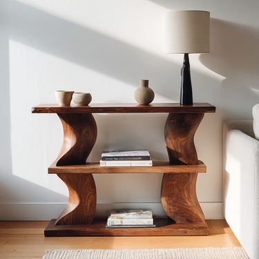 Sculptural Wood Console Table With Open Shelves for Entryway