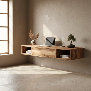 Solid Wood Floating Desk with Drawer and Open Shelf Storage