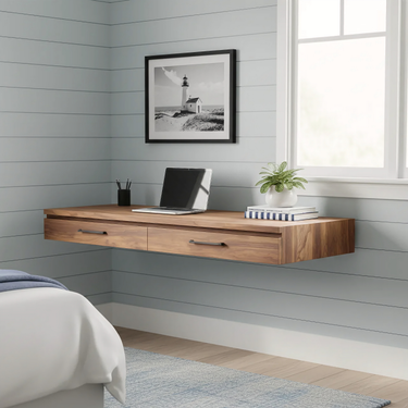 Walnut Solid Wood Floating Desk with Dual Drawer Storage