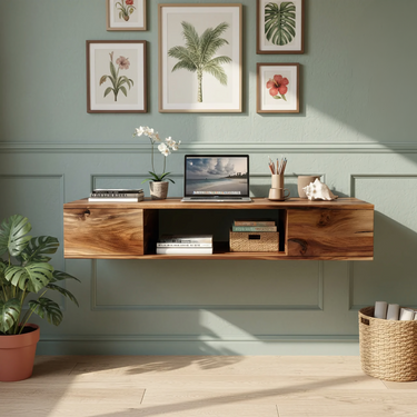 Natural Solid Wood Floating Desk with Open Shelf Storage