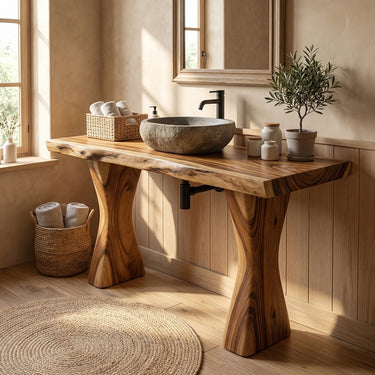 Handcrafted Solid Wood Vanity Console with Sculpted Twin Pedestal Base