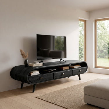 Natural Wood TV Console with Live Edge Curve and Drawer Storage