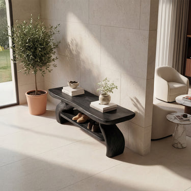 Organic Wood Entryway Bench With Open Shoe Storage