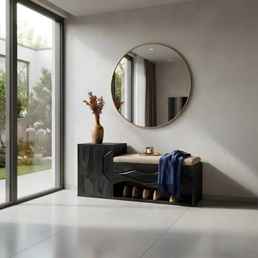 Sculptural Entryway Bench With Cushioned Seat And Storage