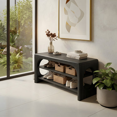 Rounded Wood Shoe Bench With Tiered Storage
