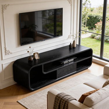 Modern Curved TV Console With Drawer and Open Shelving