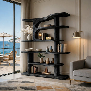 Modern Sculptural Bookshelf with Asymmetrical Tiered Shelves