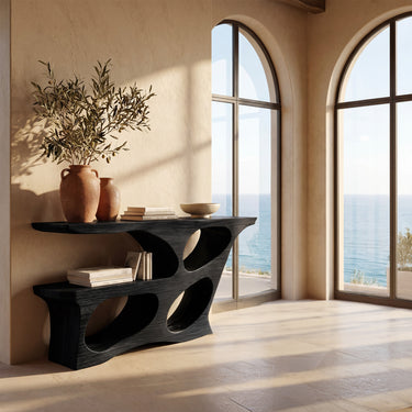 Sculptural Wood Console Table With Two-Tier Open Storage