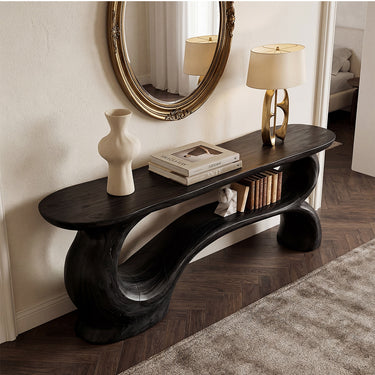 Organic Sculptural Console Table With Open Shelf Base