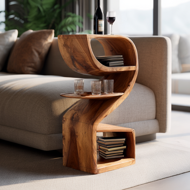 Curved Multi Tier Side Table With Storage in Natural Wood