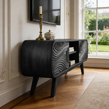 Natural Wood TV Console with Curved Frame and Carved Wave Doors