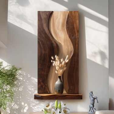 Vertical Sculptural Natural Wood Wall Art Panel with Integrated Shelf