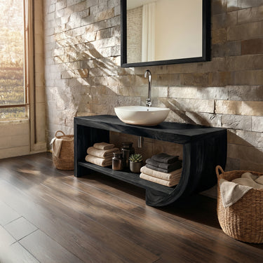Solid Wood Bathroom Vanity with Curved Open Shelf Storage