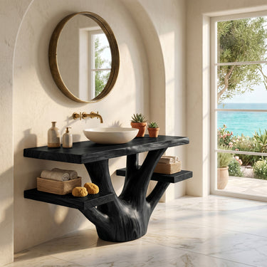 Sculptural Solid Wood Bathroom Vanity with Branch Pedestal Base