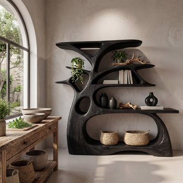 Sculptural Wood Console Table With Gallery Display Shelves