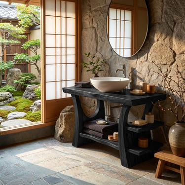 Solid Wood Bathroom Vanity with Tiered Open Shelving