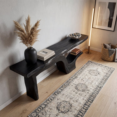 Live Edge Console Table With Sculptural Shelf Base