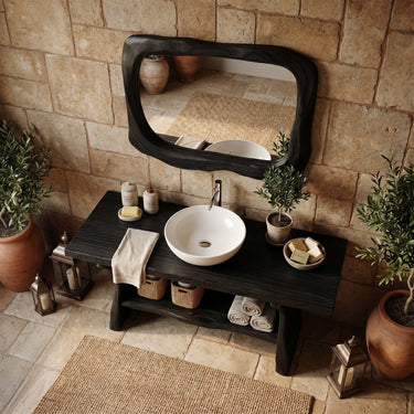 Organic Solid Wood Bathroom Vanity with Curved Open Shelf