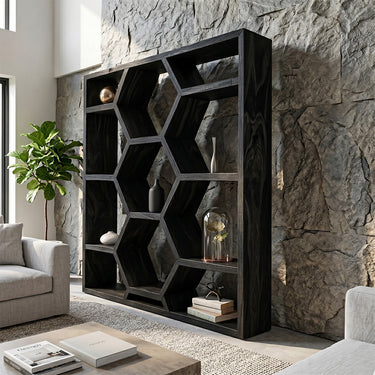 Geometric Wood Bookshelf With Honeycomb Display Shelves
